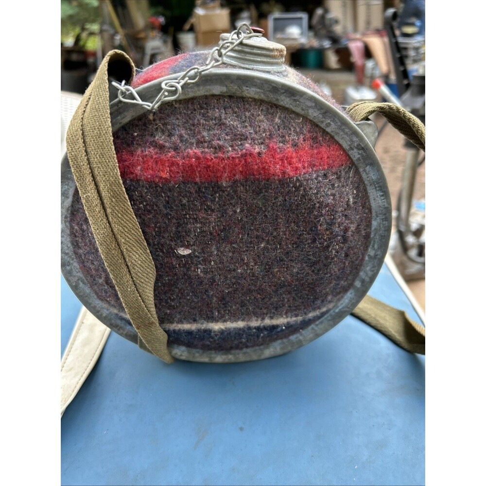 Vintage Galvanized Metal Canteen W Striped Wool Cover & Shoulder Strap